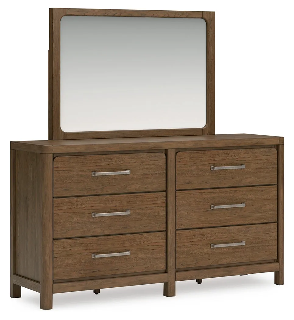 Cabalynn King Panel Bed with Storage with Mirrored Dresser in Light Brown