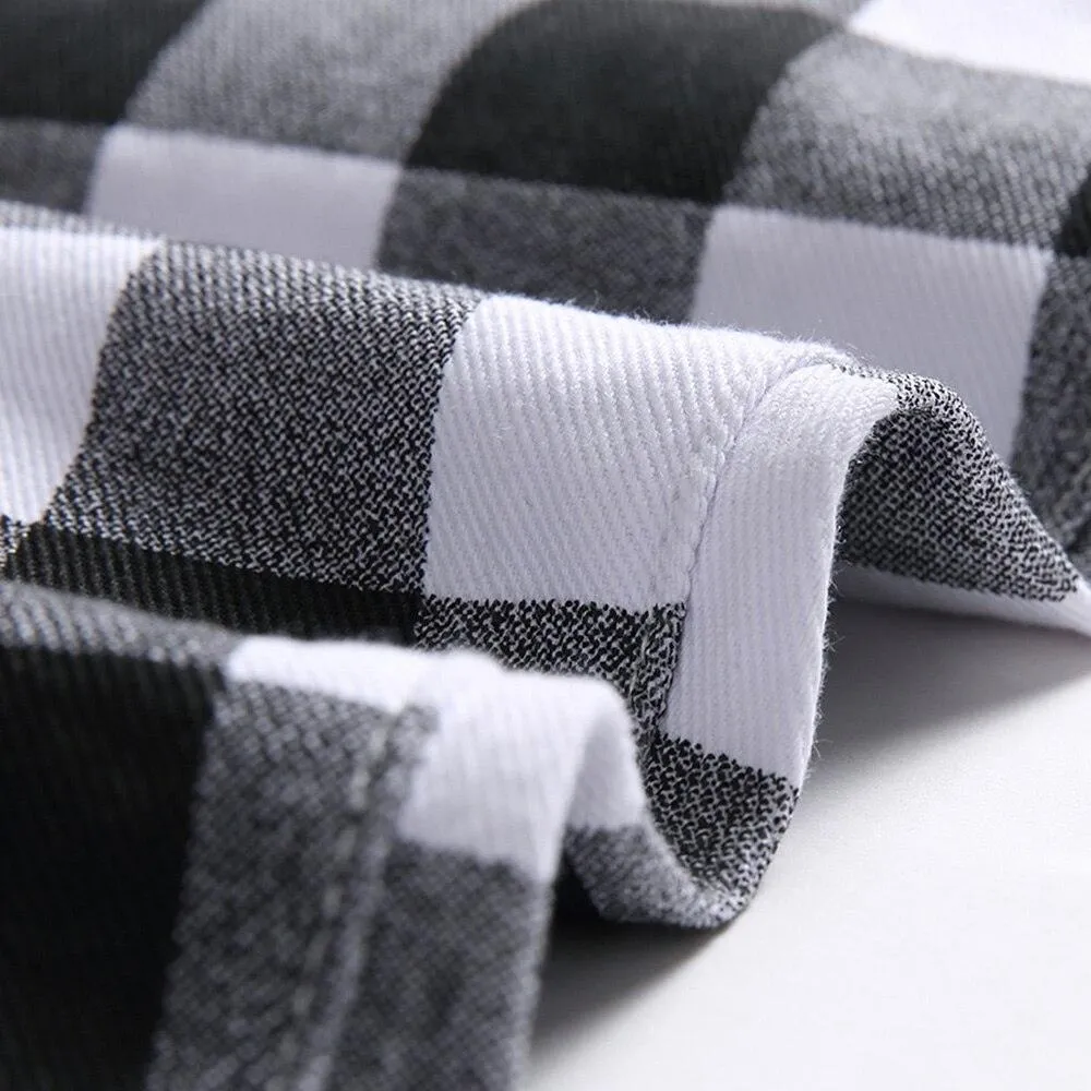 Mens Black And White Plaid Printed Jeans Straight Leg