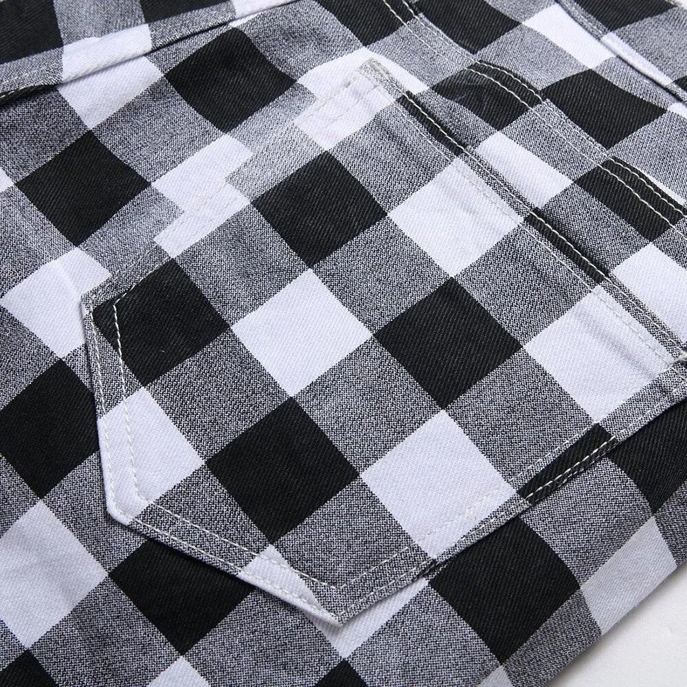 Mens Black And White Plaid Printed Jeans Straight Leg