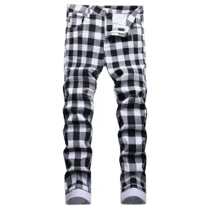 Mens Black And White Plaid Printed Jeans Straight Leg